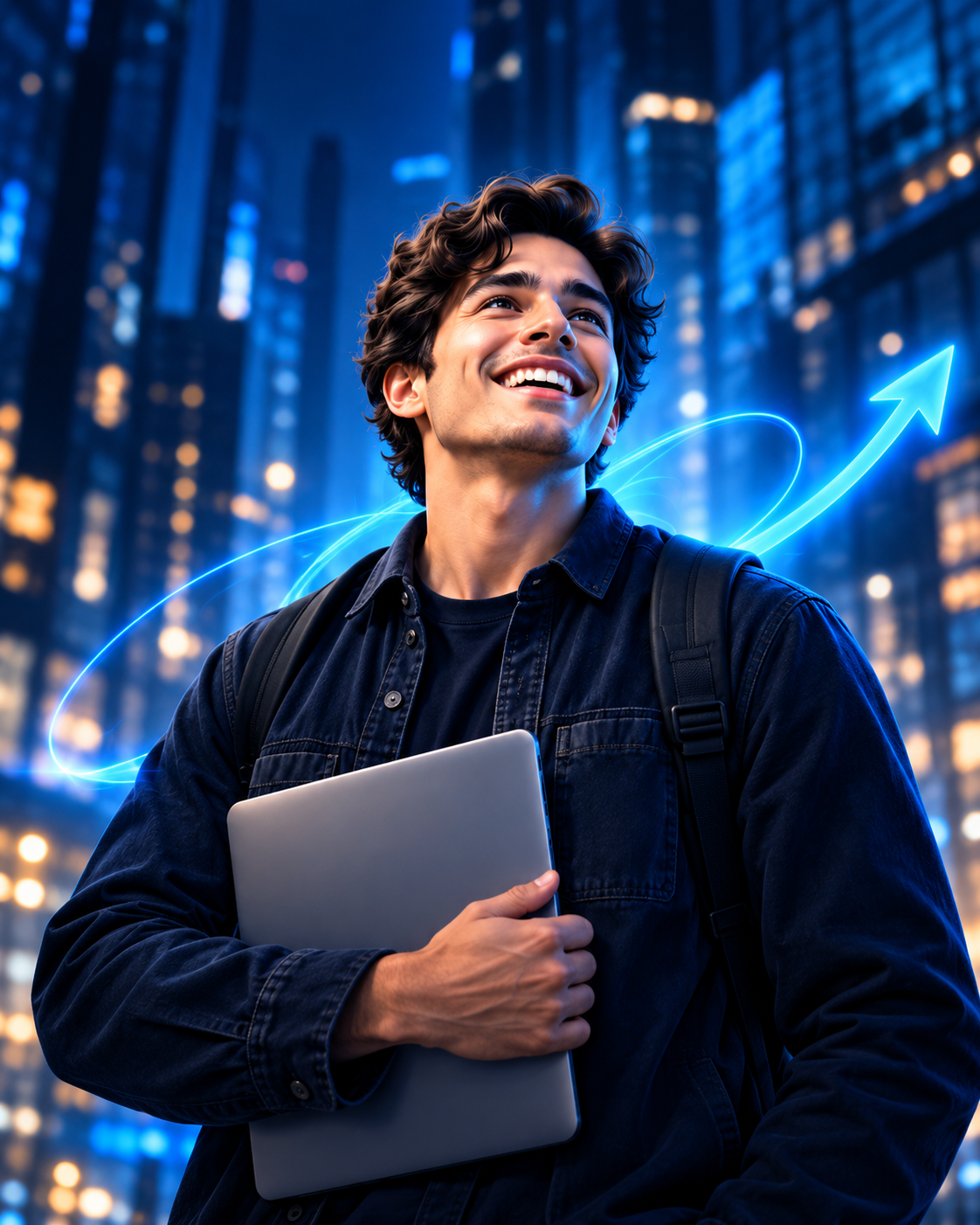 Profissional sorrindo, com notebook, olhando para o futuro